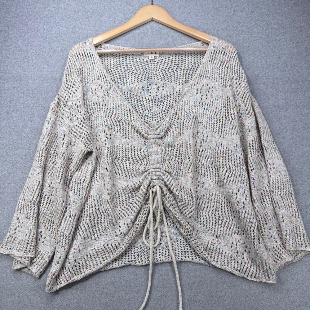 POL Open Knit Crochet Sweater Beige Multicolored Dolman Sleeve Ruched Size‎ S